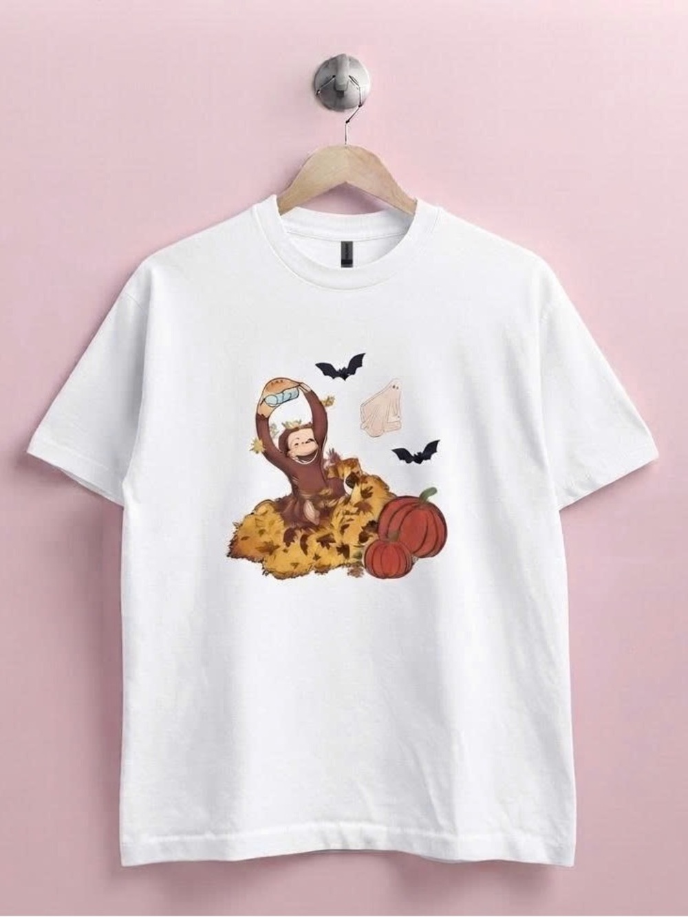 Halloween Curious George Fall Autumn Pumpkin Graphic Tee White Shirt